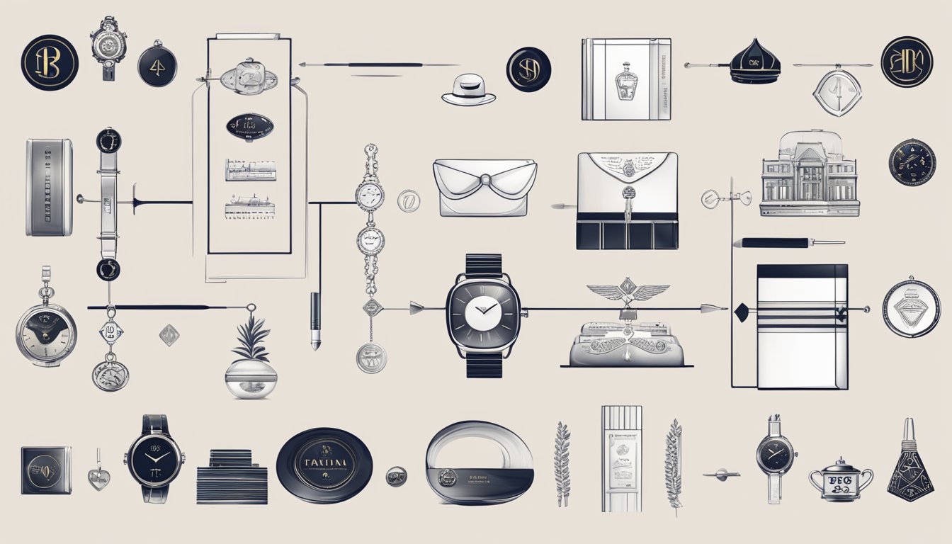 A timeline of luxury branding, from traditional to modern, featuring iconic logos and symbols