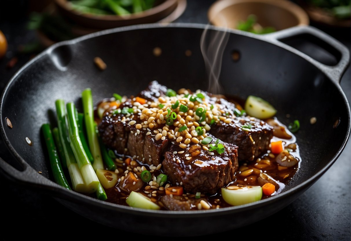 A sizzling wok cooks marinated beef short ribs with ginger, garlic, and soy sauce, emitting a tantalizing aroma. Green onions and sesame seeds garnish the dish