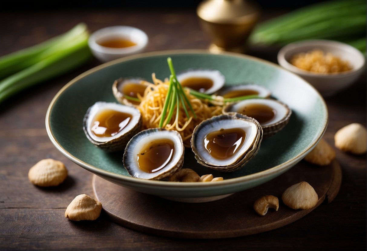 A table set with dried abalone, ginger, and green onions for a Chinese recipe. Ingredients are neatly arranged for a flavour pairing illustration