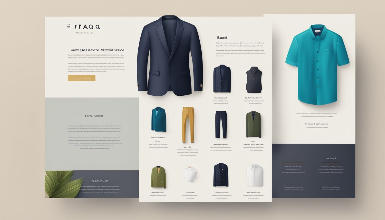 Luxury apparel brands' FAQ page: elegant, minimalist layout with stylish typography. Brand logos and icons, concise text, and clear navigation
