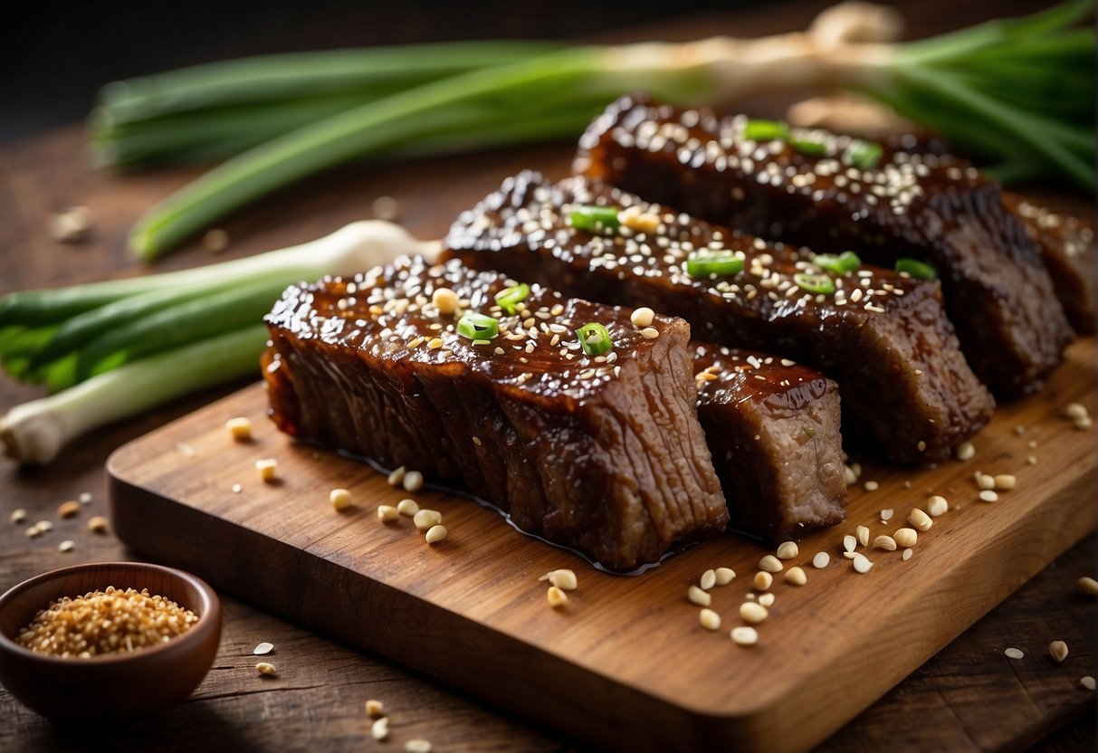 Beef short ribs, ginger, garlic, soy sauce, and brown sugar arranged on a wooden cutting board. Green onions and sesame seeds scattered around