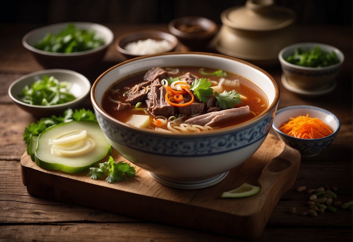 A steaming bowl of Chinese beef shank soup sits on a rustic wooden table, surrounded by traditional Chinese condiments and garnishes