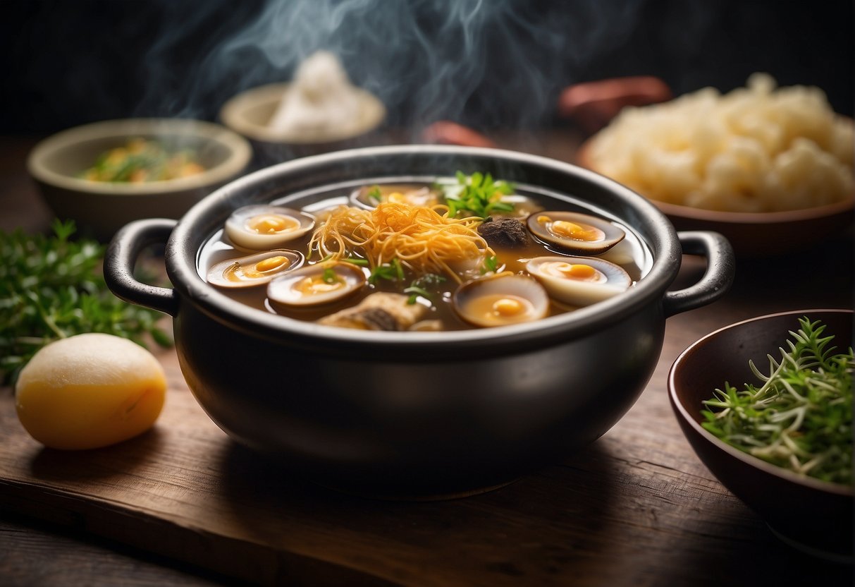 A simmering pot of Chinese dried abalone in savory broth, surrounded by aromatic herbs and spices