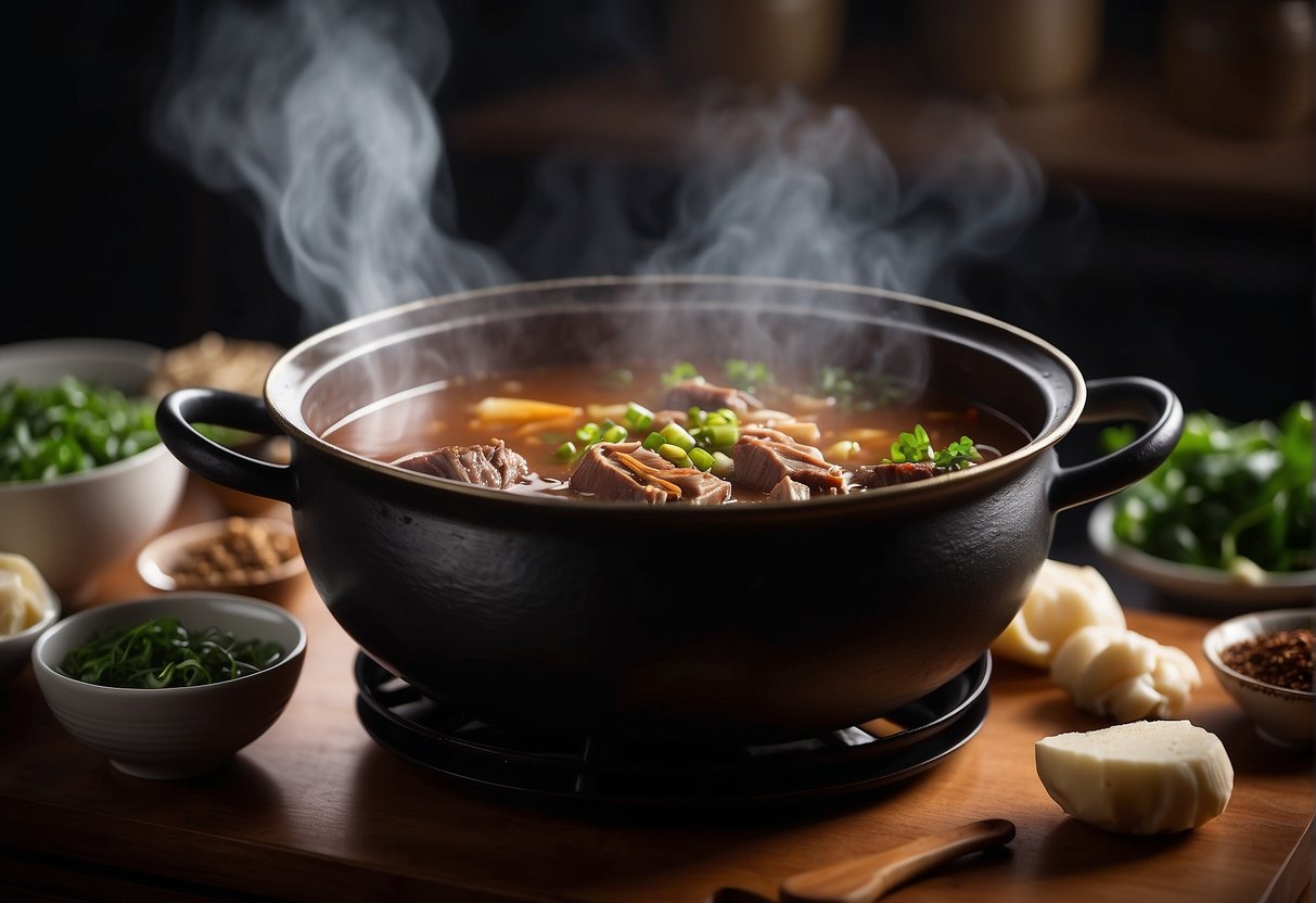 A pot simmering on a stove with Chinese beef shank soup ingredients: beef shank, ginger, scallions, and Chinese spices. A steaming bowl of soup on a table with chopsticks and a spoon beside it