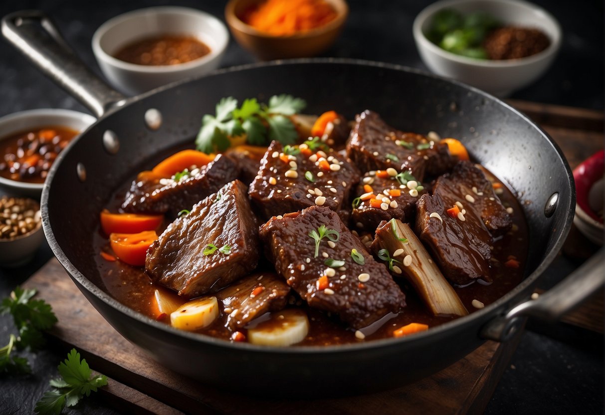 Beef short ribs sizzling in a wok with Chinese spices and sauces. Steam rising, chopsticks stirring. Ingredients nearby