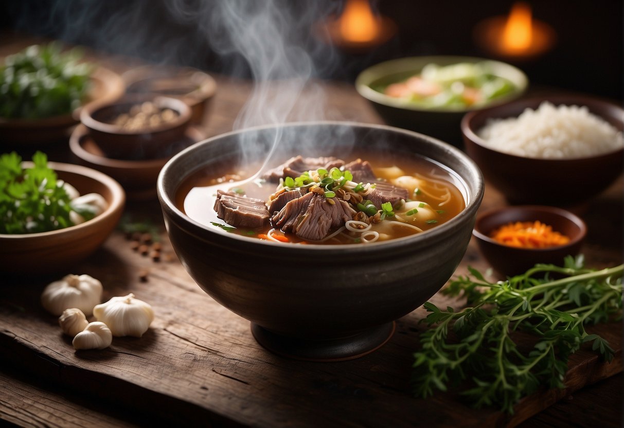 A steaming bowl of Chinese beef shank soup sits on a rustic wooden table, surrounded by traditional Chinese herbs and spices. Steam rises from the rich, aromatic broth, inviting the viewer to savor its comforting warmth
