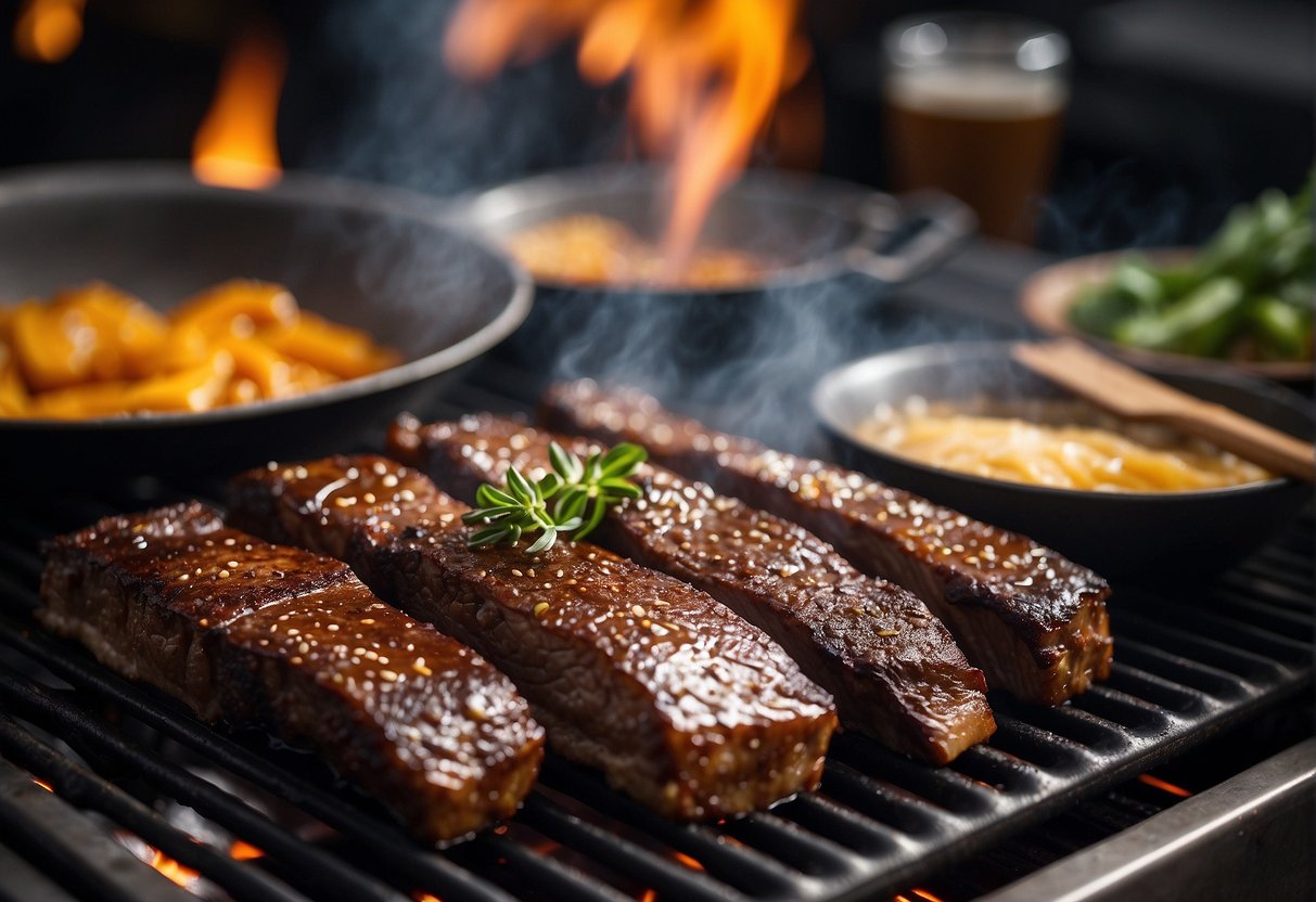 Beef short ribs sizzling on a grill, with a glaze being brushed on. A platter of ribs being served with garnishes