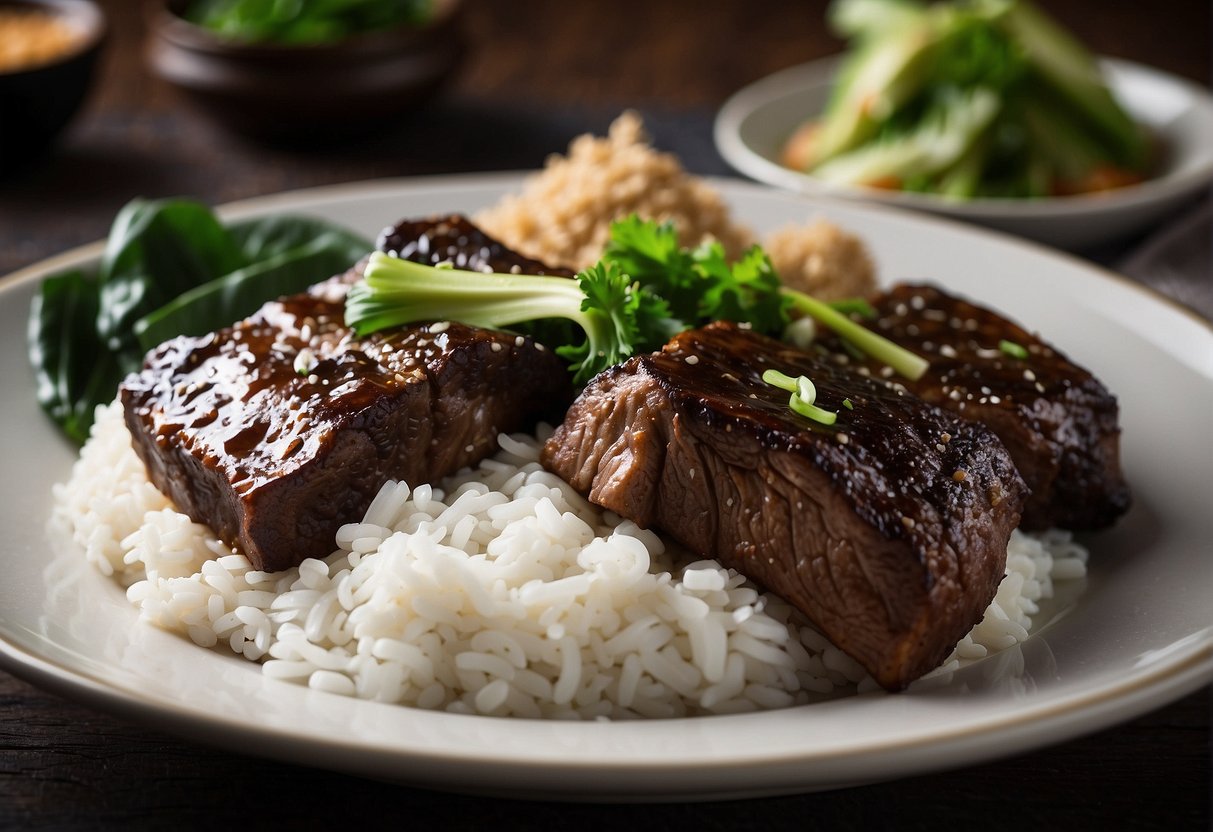 A sizzling skillet of Chinese beef short ribs with steamed rice and stir-fried bok choy on the side
