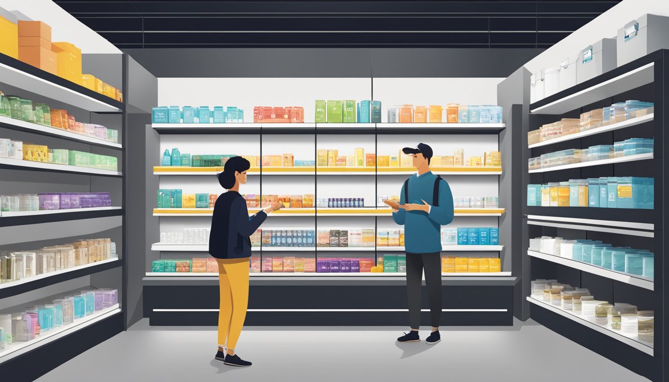 A person examines Weixier Brand products in a modern, well-lit store with sleek, minimalist design and shelves neatly displaying a variety of items