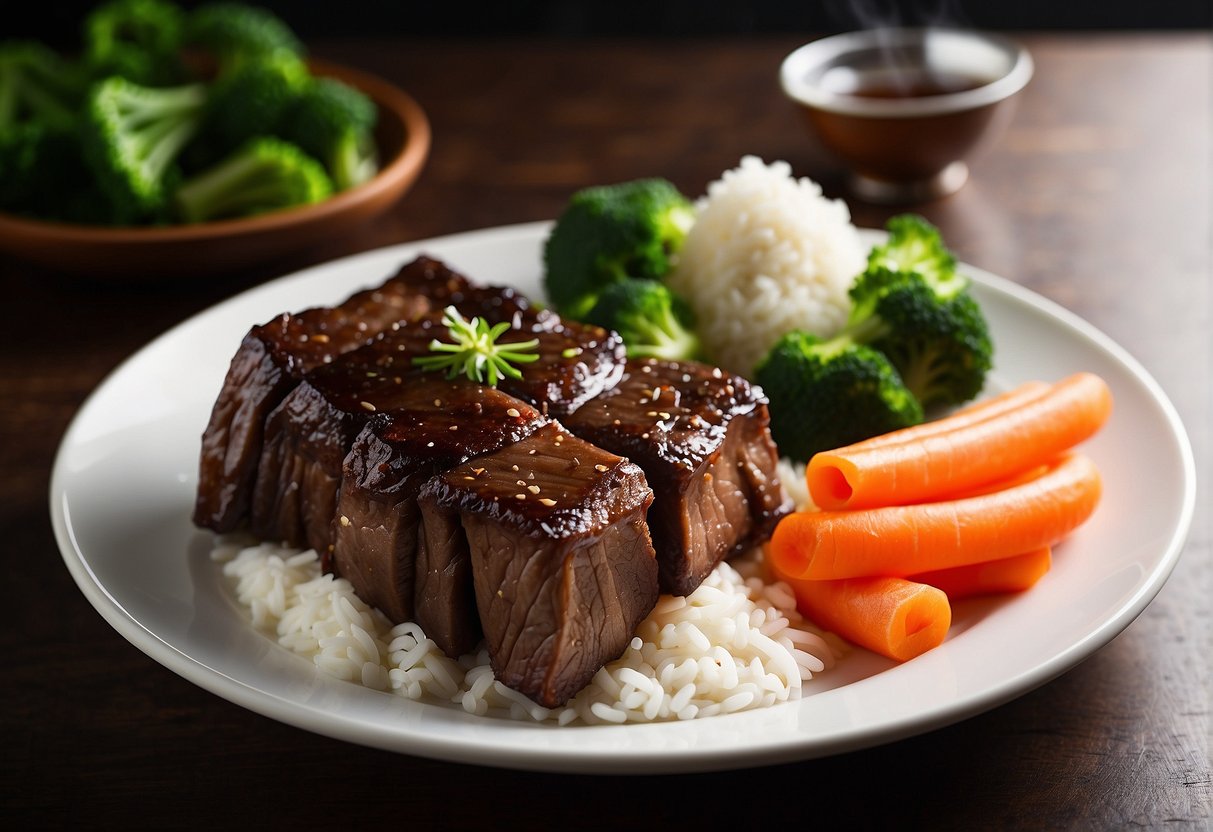 A plate of Chinese beef short ribs with a side of steamed vegetables and a small bowl of white rice. A nutritional label is placed next to the dish, detailing the calorie and nutrient content