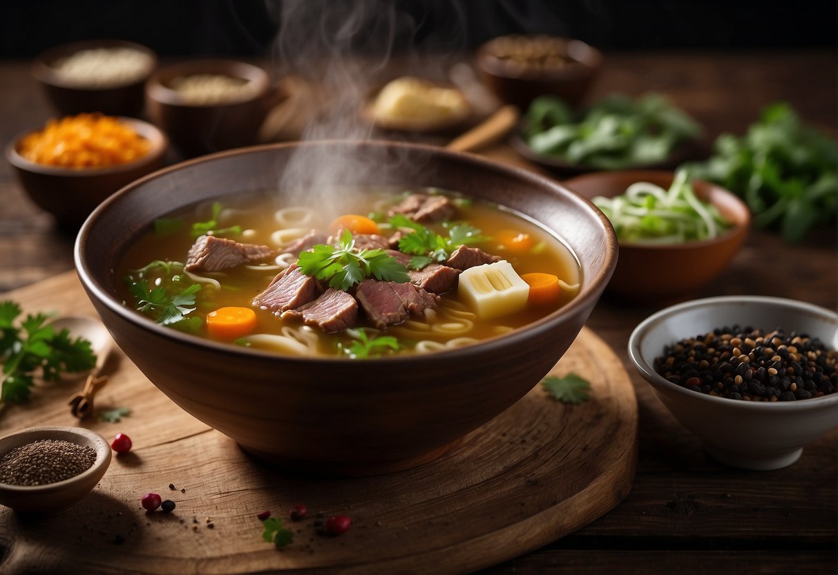 A steaming bowl of Chinese beef soup sits on a rustic wooden table, surrounded by fragrant spices and fresh herbs