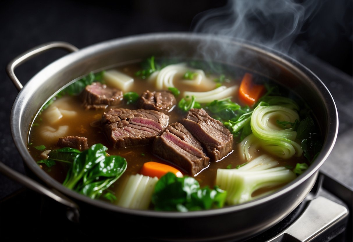 A steaming pot of Chinese beef soup, filled with tender slices of beef, vibrant green bok choy, and fragrant aromatics, simmering on a stovetop