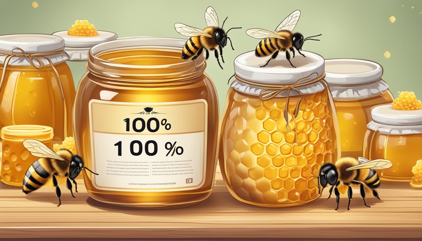 A jar of honey with a label reading "100% pure" sits on a wooden table, surrounded by honeycomb and bees