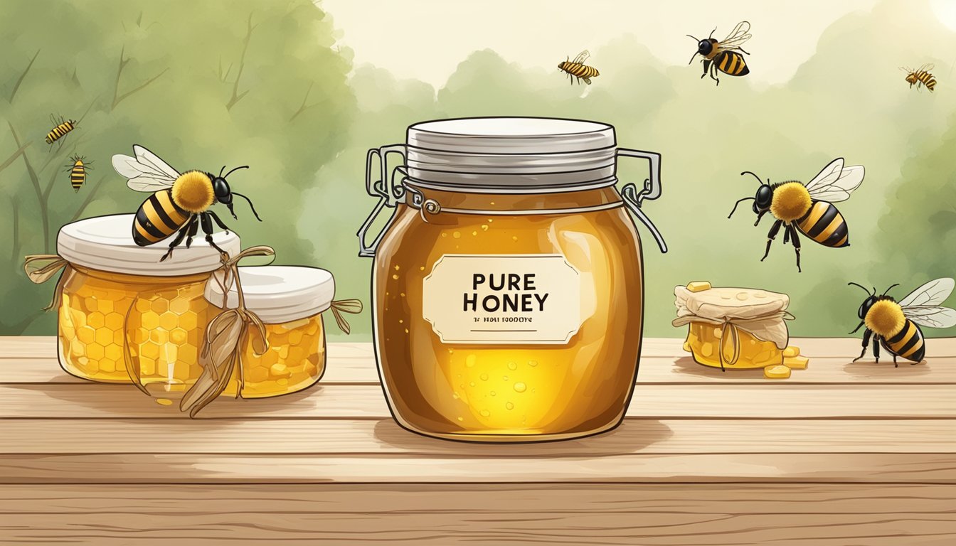 A jar of honey sits on a wooden table, with a label reading "Pure Honey." A honeycomb and bees surround it, indicating its natural origin