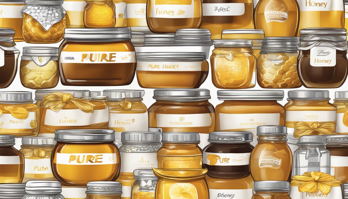 A table with jars of honey from top brands, each labeled "pure."