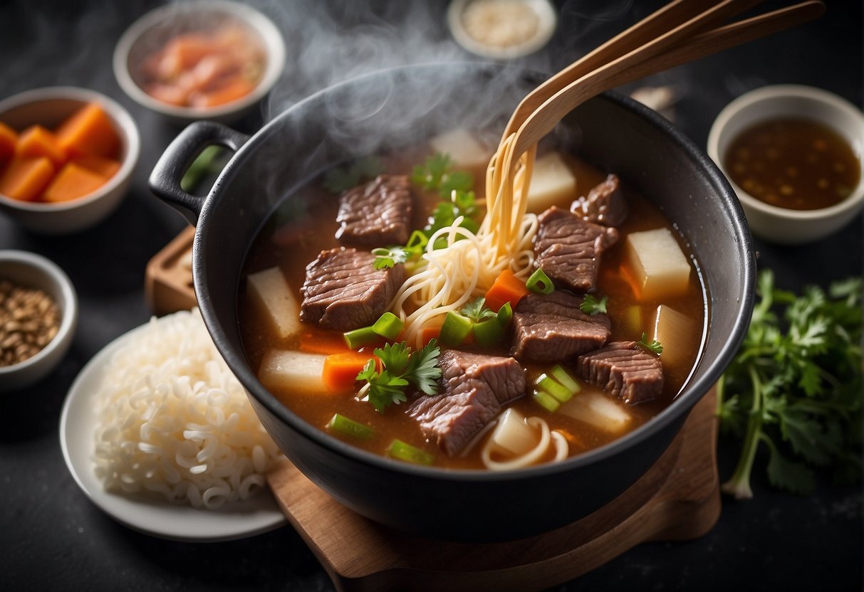 A pot of simmering Chinese beef soup with ingredients floating and steam rising