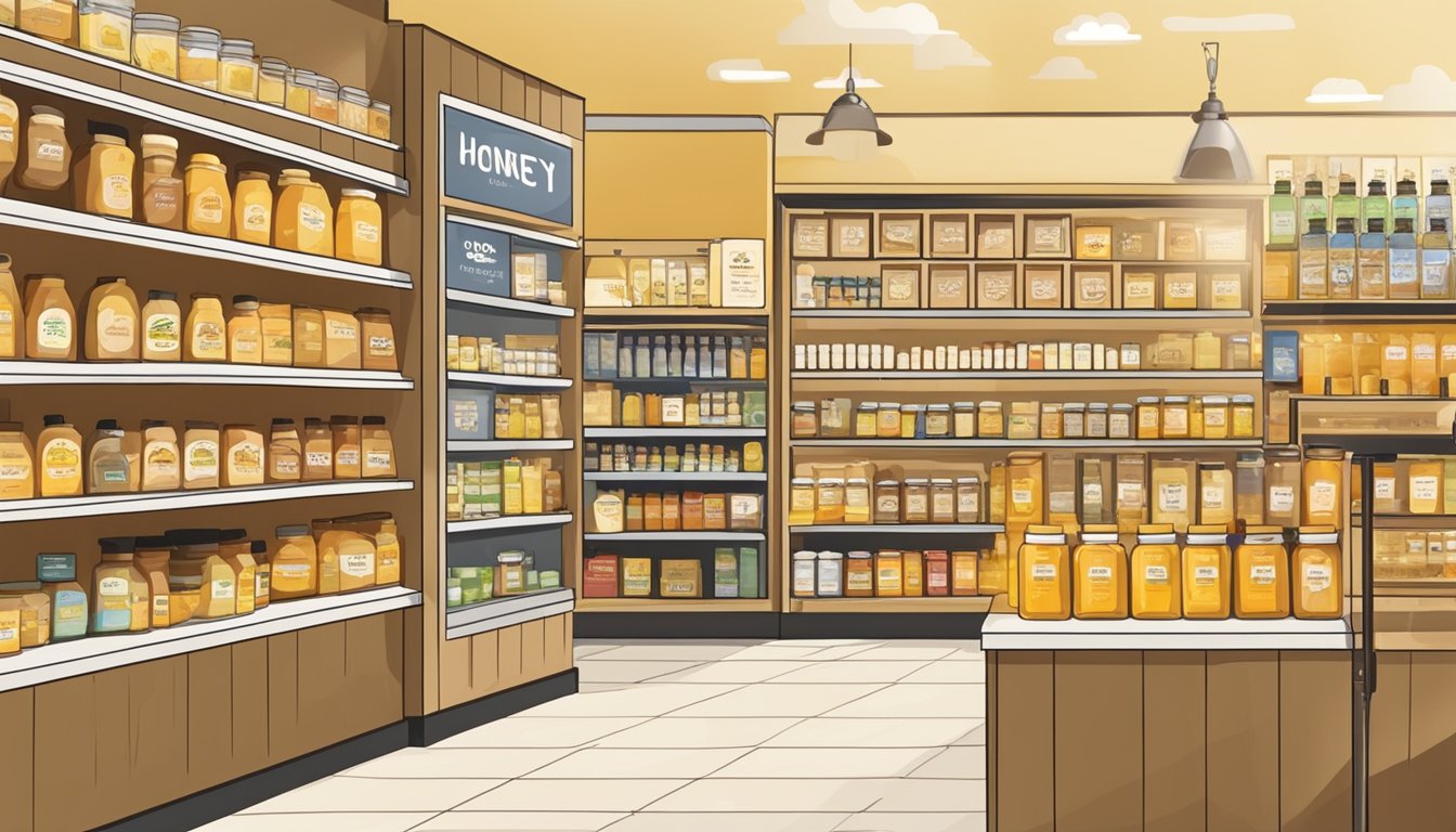 A display of various honey brands with a "Pure" label. Customers asking questions to a store employee
