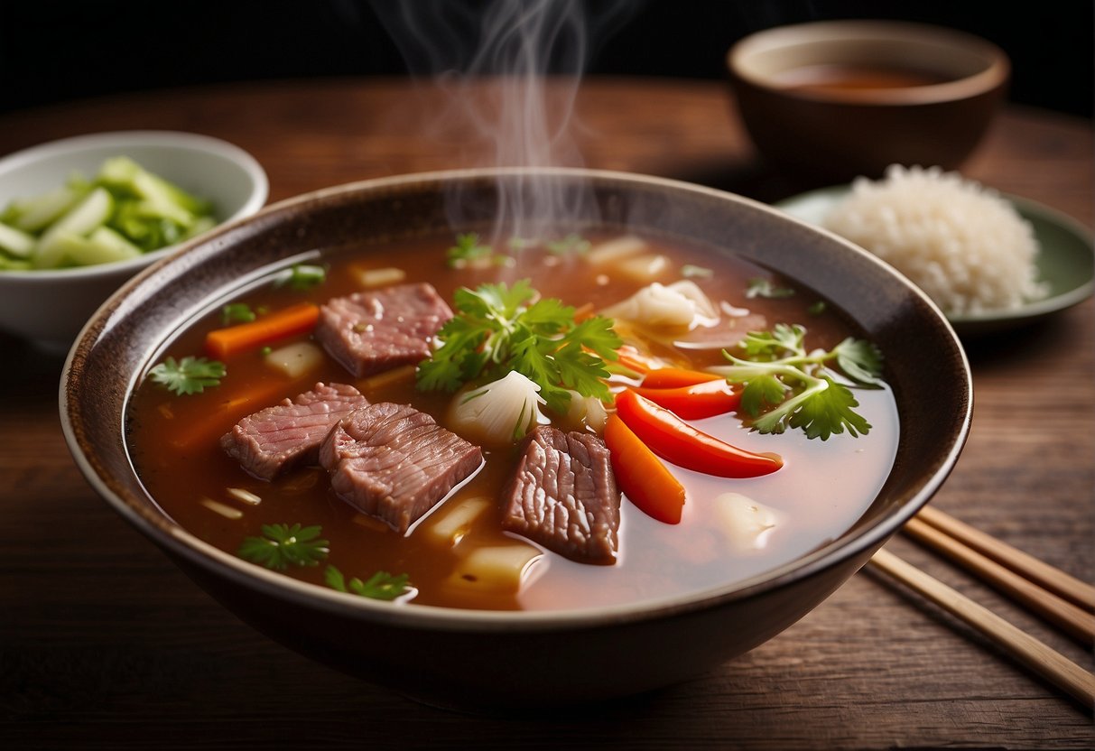 A steaming bowl of Chinese beef soup sits on a wooden table, surrounded by chopsticks, a spoon, and a small dish of chili oil. Steam rises from the rich, savory broth, and tender slices of beef and vegetables are visible within