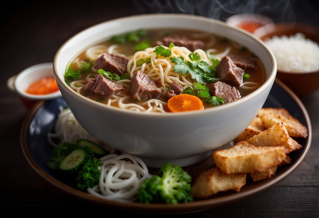 A steaming bowl of Chinese beef soup with visible chunks of tender meat, fresh vegetables, and fragrant herbs, accompanied by a side of crispy fried noodles