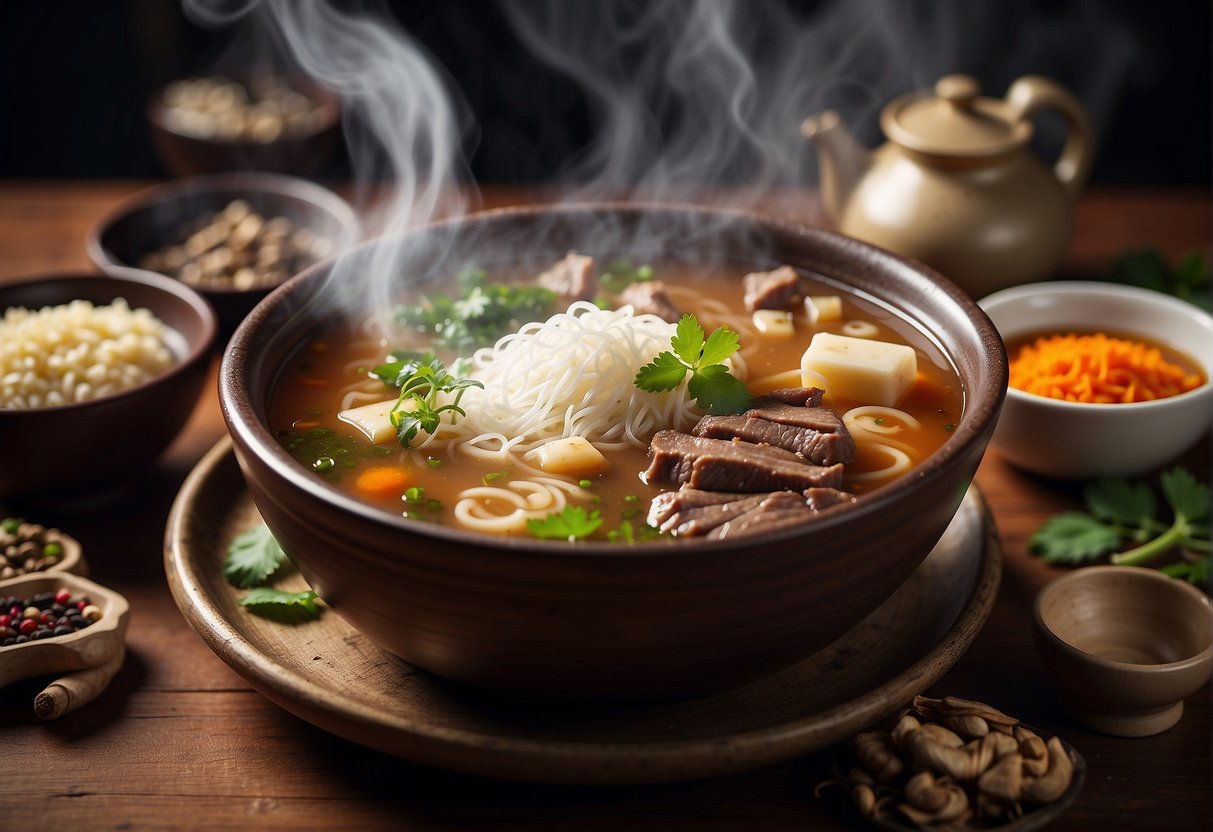 A steaming bowl of Chinese beef soup sits on a wooden table, surrounded by traditional Chinese herbs and spices. The rich aroma wafts through the air, evoking memories of family gatherings and traditional celebrations