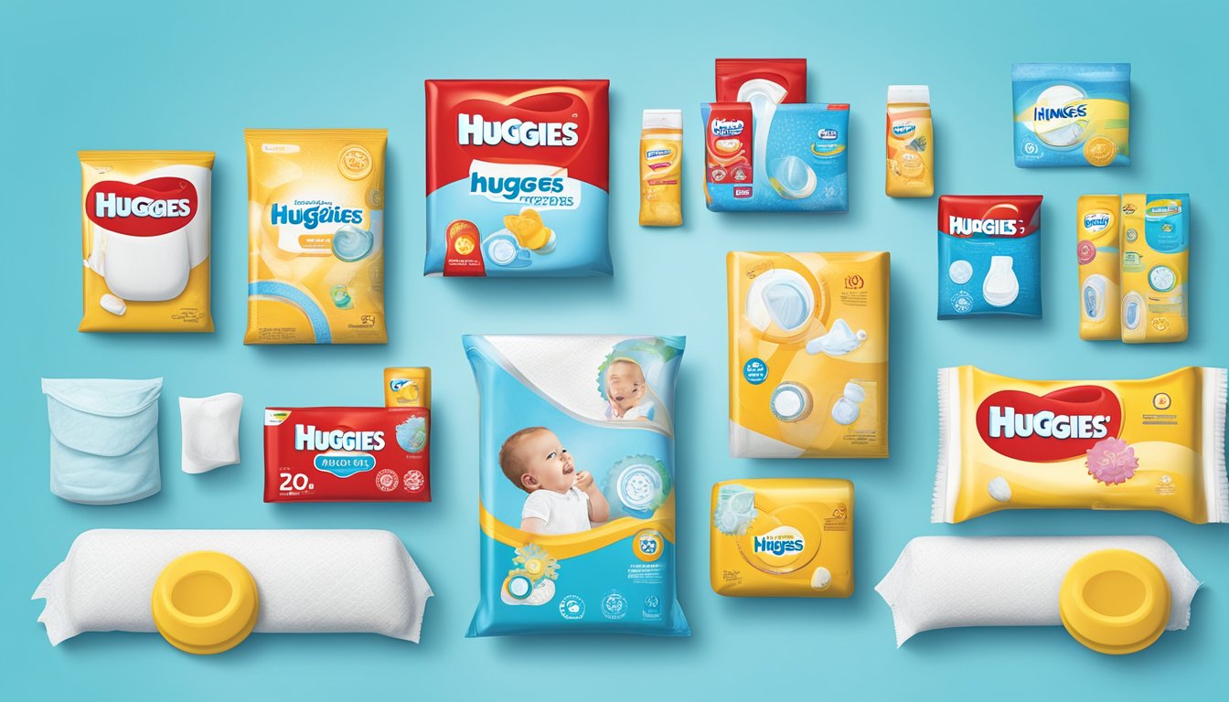 A colorful array of Huggies brand products, including diapers, wipes, and training pants, surrounded by symbols of innovation such as light bulbs and gears