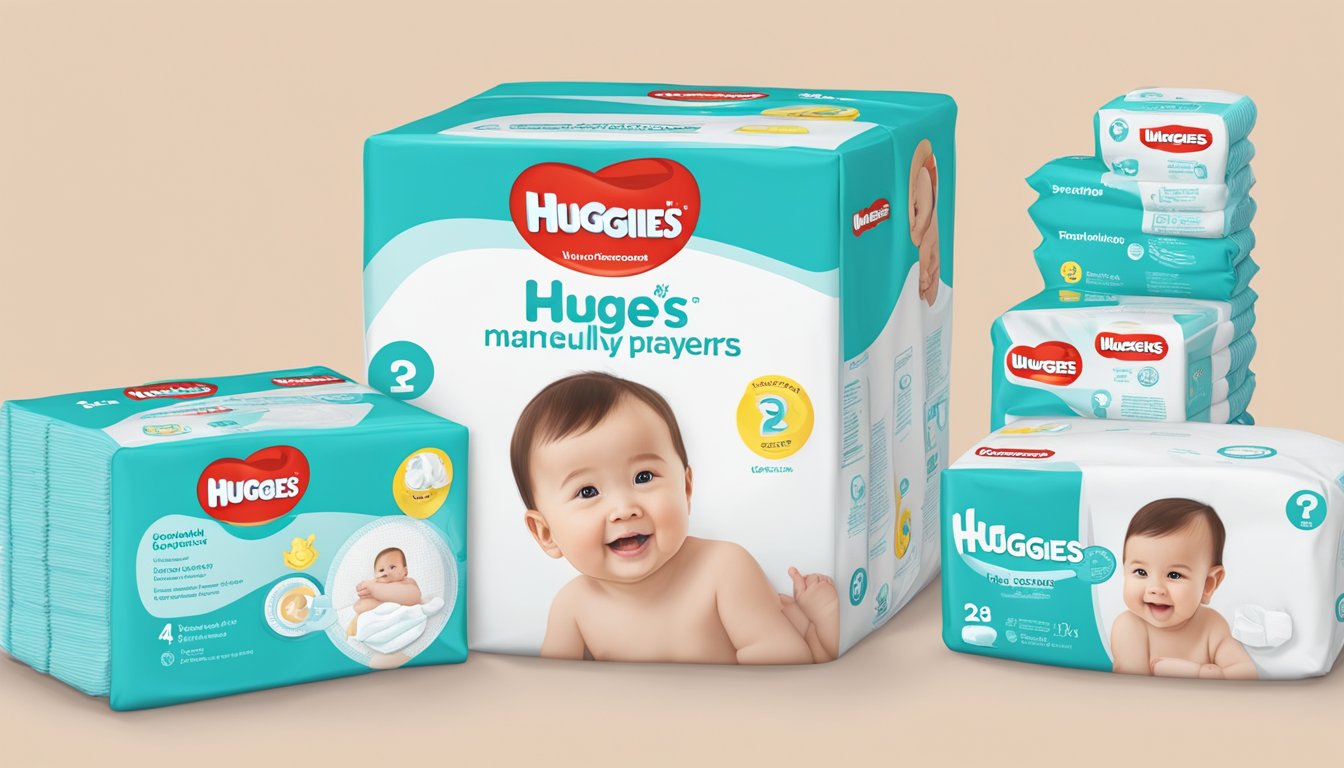 A stack of Huggies brand diapers with a prominent logo, surrounded by question marks and a list of frequently asked questions