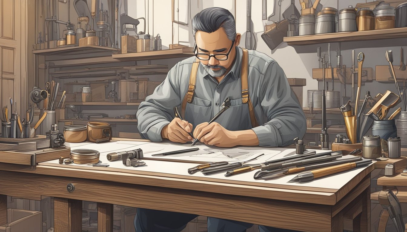 A skilled craftsman meticulously assembles a luxury pen, surrounded by elegant tools and materials in a sophisticated workshop in Malaysia
