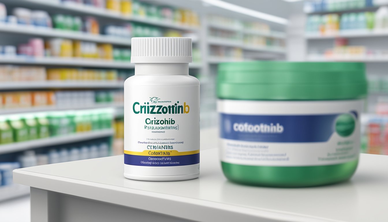 A bottle of crizotinib brand name sits on a clean, white pharmacy counter, with its label clearly visible and a soft light shining on it