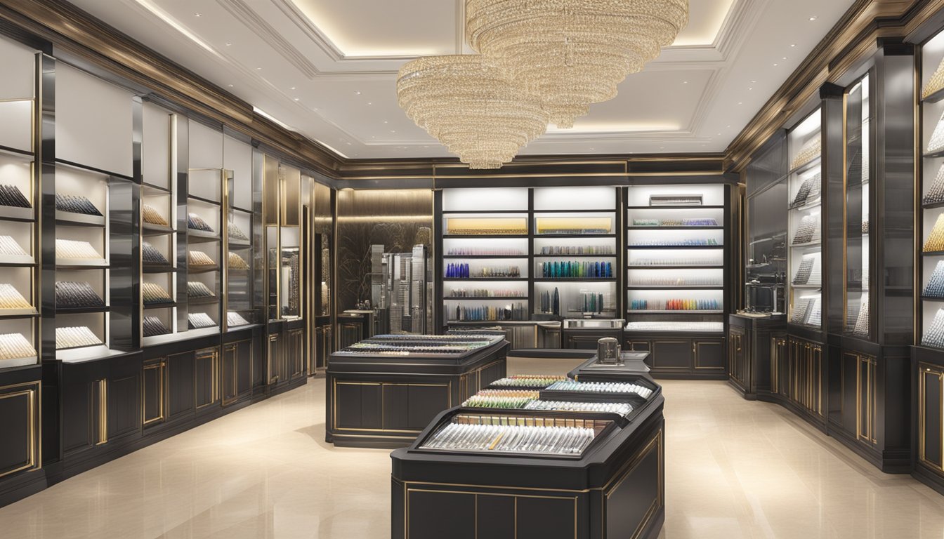 A display of luxury pen brands in Malaysia, showcasing elegant designs and high-quality materials in a well-lit boutique setting