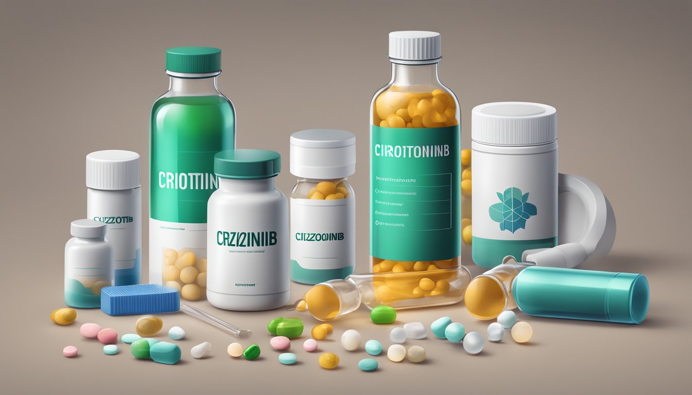 A bottle of crizotinib with brand name displayed, surrounded by scientific equipment and research materials