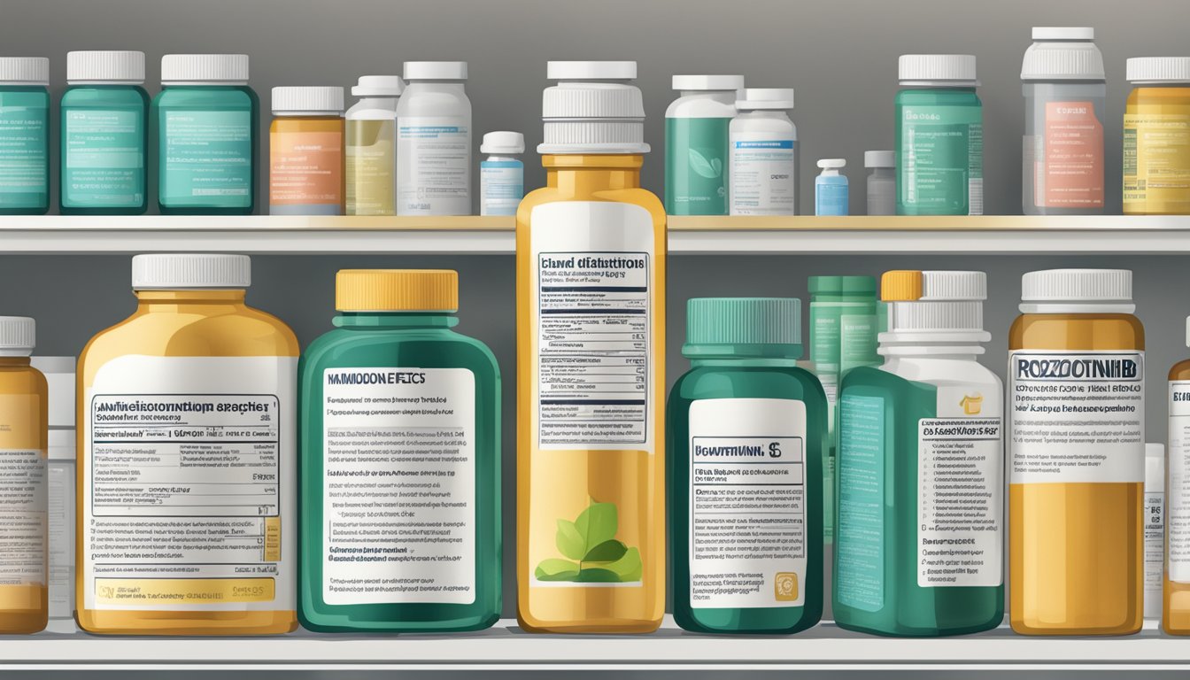 A bottle of crizotinib sits on a pharmacy shelf, surrounded by warning labels and safety information. A list of potential side effects accompanies the medication