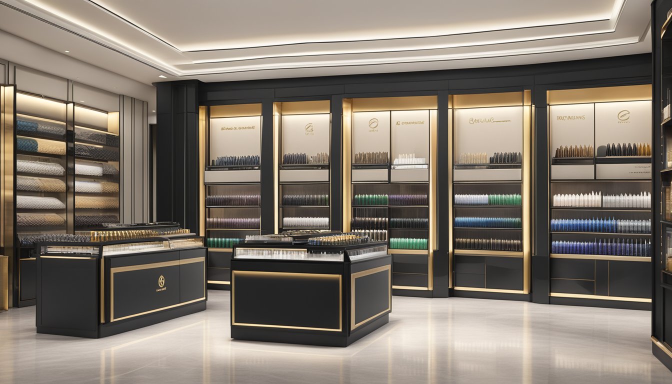 A display of luxury pen brands in Malaysia, with elegant packaging and logos, set against a backdrop of a sleek and modern store interior