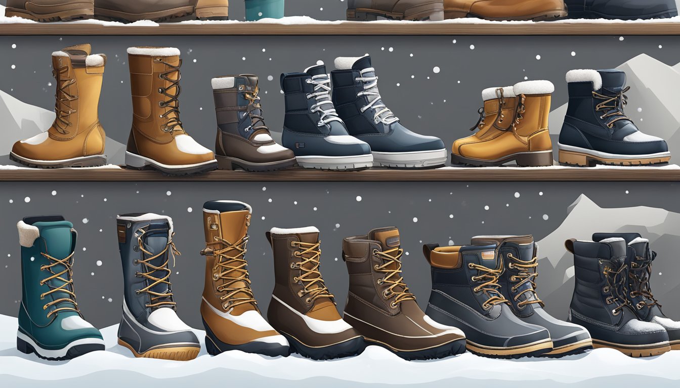 Various winter boot brands displayed on a snowy backdrop with a variety of styles, colors, and materials