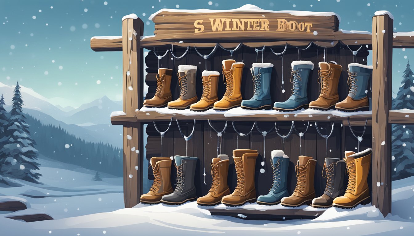 A pile of top winter boot brands displayed on a snowy backdrop with icicles hanging from a rustic wooden sign
