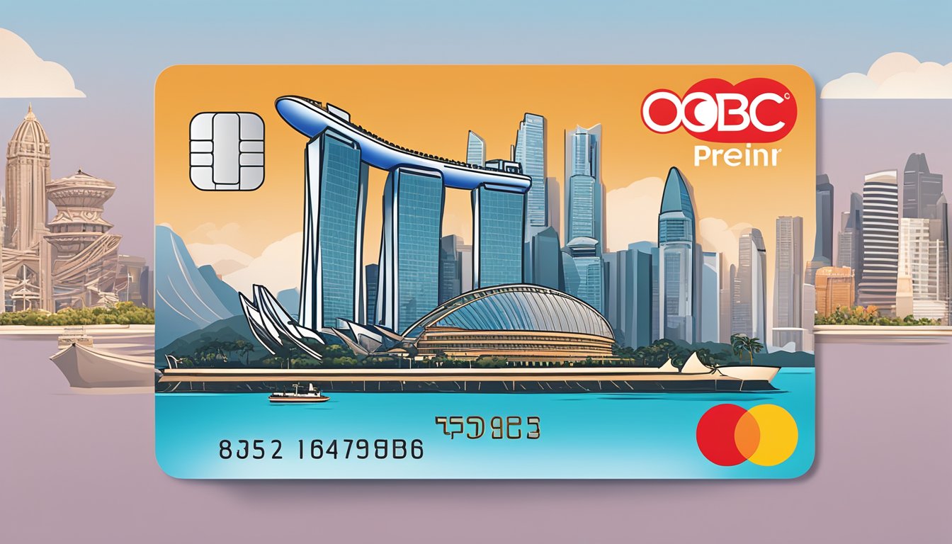 A sleek, metallic debit card with the OCBC Premier World Elite™ logo, set against a backdrop of iconic Singapore landmarks