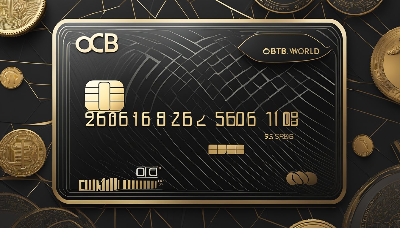 A luxurious black debit card rests on a sleek, modern surface, surrounded by elegant financial symbols and the OCBC Premier World Elite™ logo