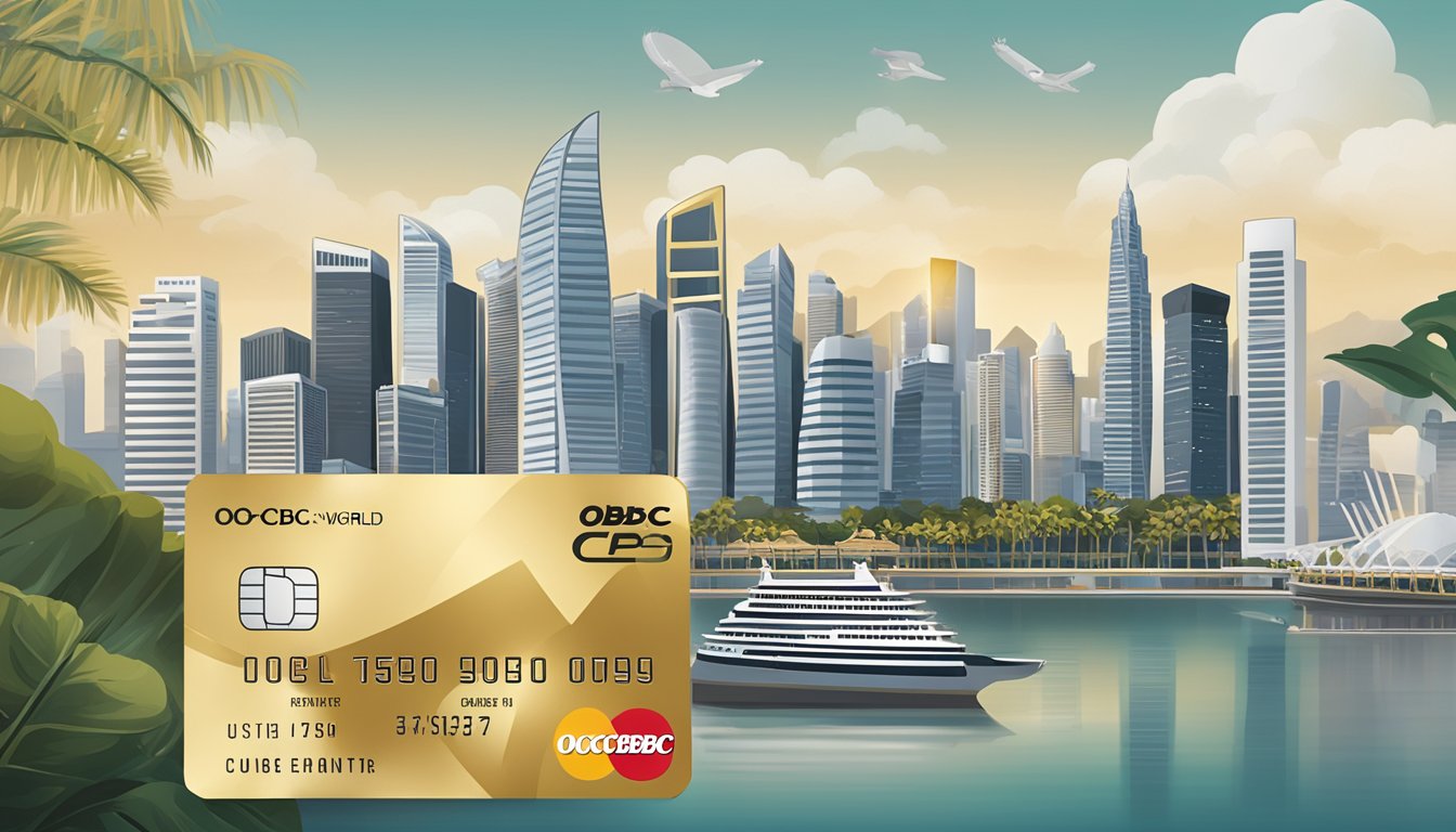 A luxurious black and gold debit card with the OCBC Premier World Elite™ logo, set against a backdrop of iconic Singapore landmarks
