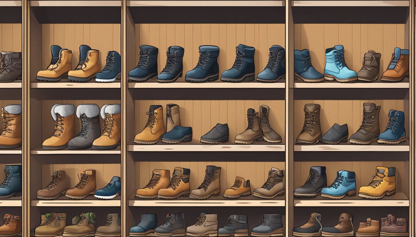 A display of various winter boots on shelves with labels showing different occasions, from hiking to casual wear