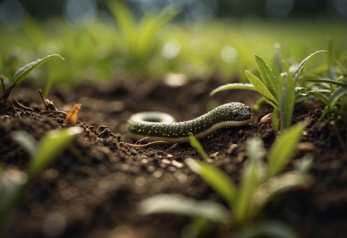 A lawn worm in Australia wriggles through damp soil, surrounded by lush green grass and small patches of fallen leaves