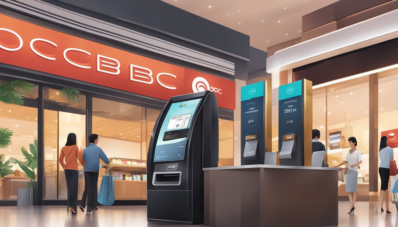 The OCBC Premier World Elite™ Debit Card being swiped at a payment terminal, with a luxurious backdrop of a high-end retail store