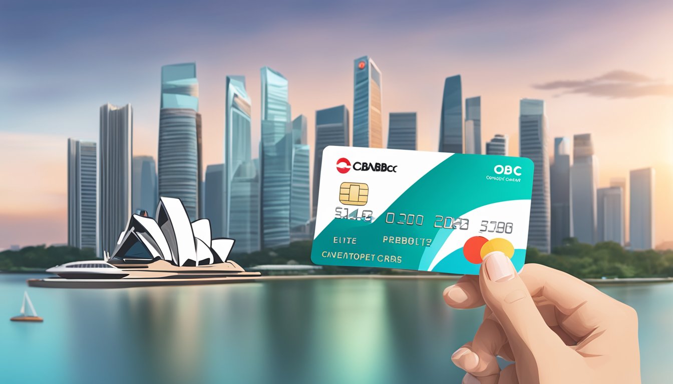 A hand holding an OCBC Premier World Elite™ Debit Card with Singapore skyline in the background