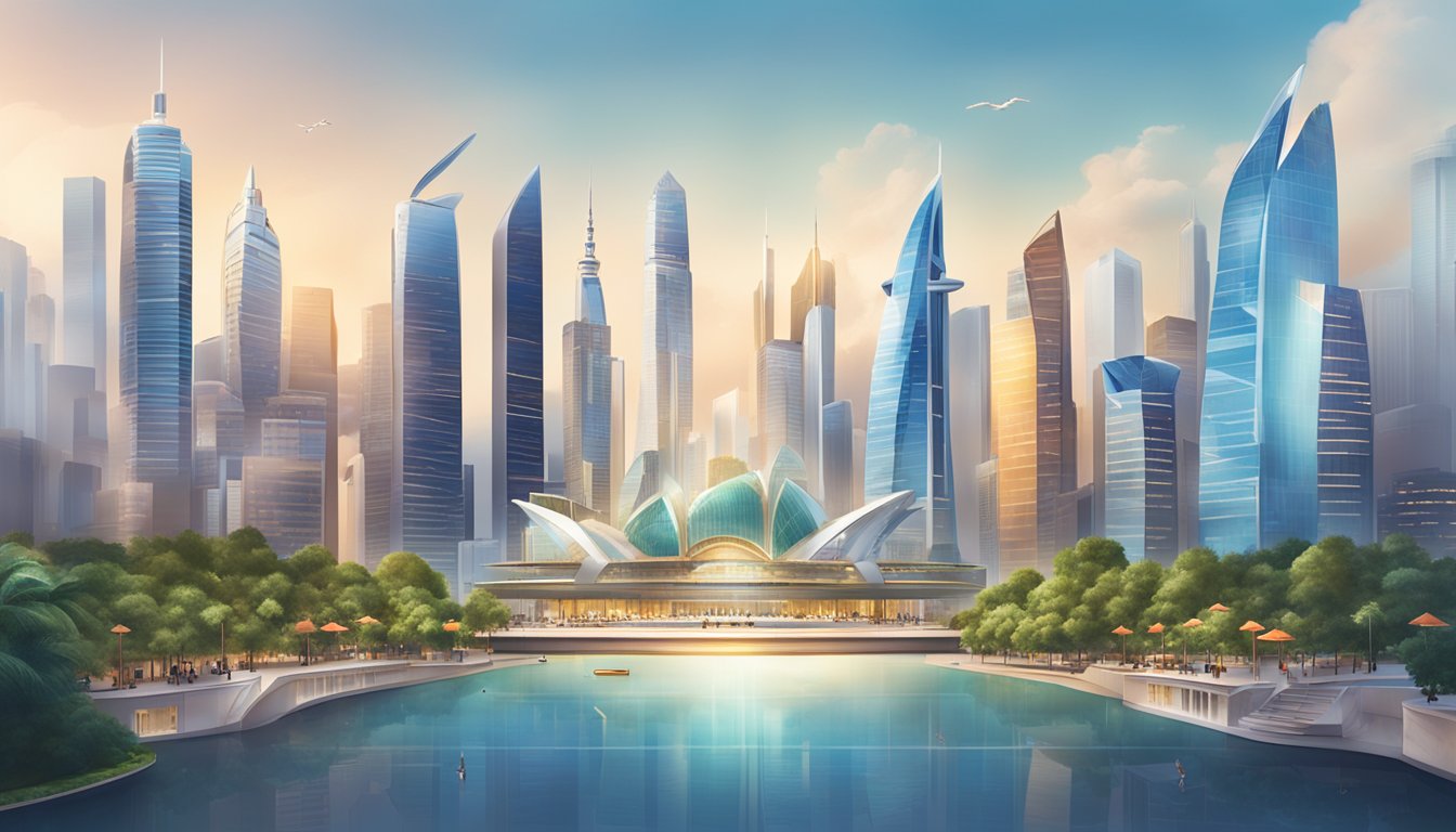 A luxurious and modern cityscape with iconic landmarks, showcasing the integration of technology and finance, with the OCBC Premier World Elite™ Debit Card at the center