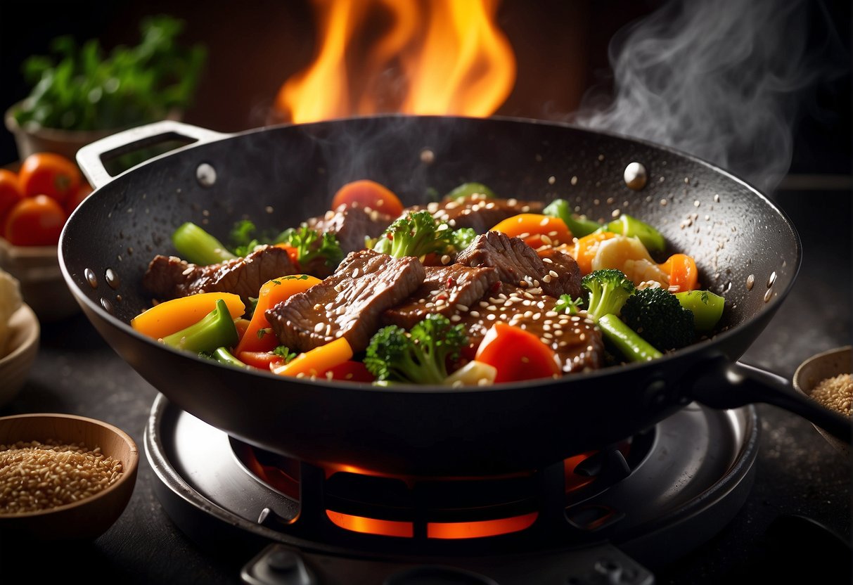 Sizzling beef and vegetables in a wok, steam rising, with a dash of soy sauce and sprinkling of sesame seeds
