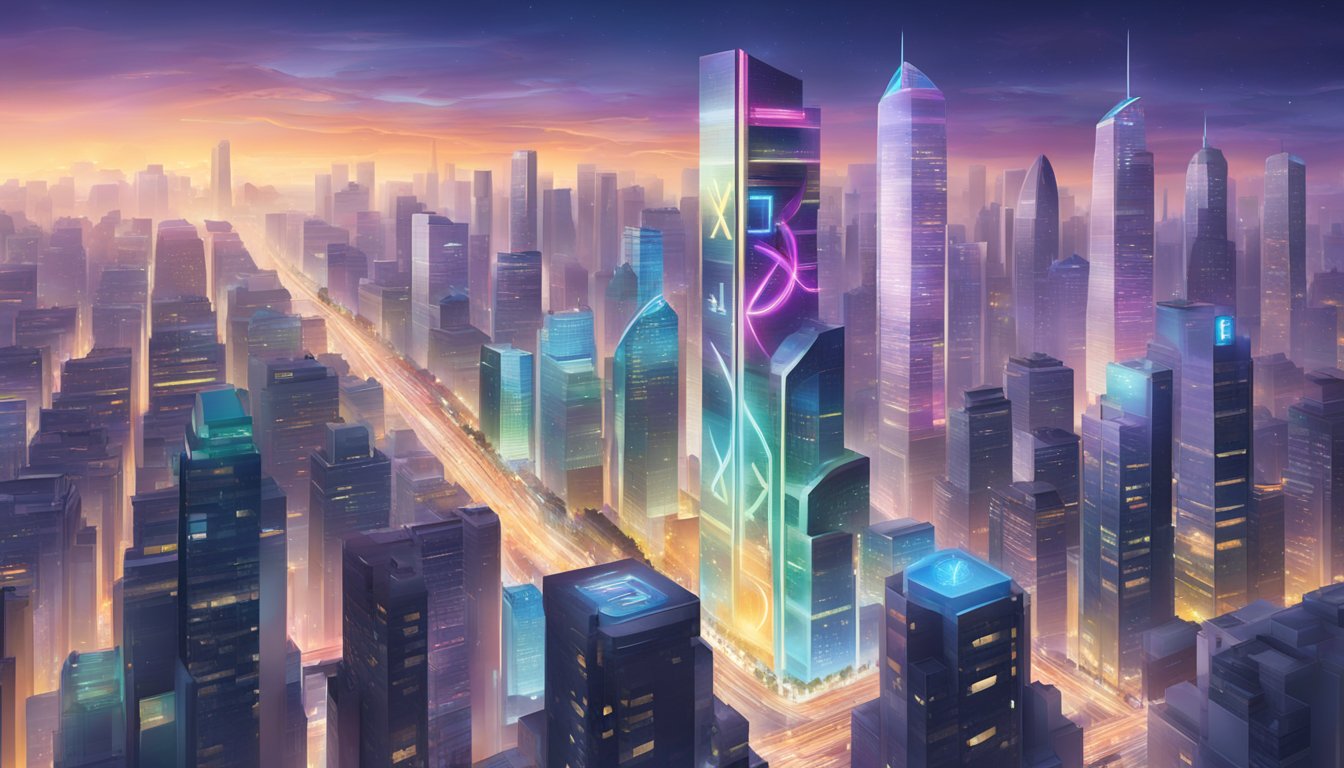 A vibrant cityscape with the iconic "xi" brand logo prominently displayed on a modern skyscraper. Bright lights and bustling streets below