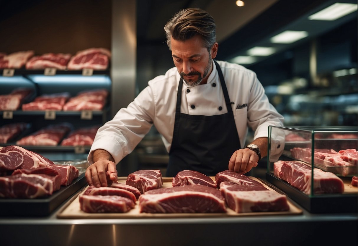 A chef selects a marbled piece of beef from a display case, surrounded by various cuts of meat and labeled with prices