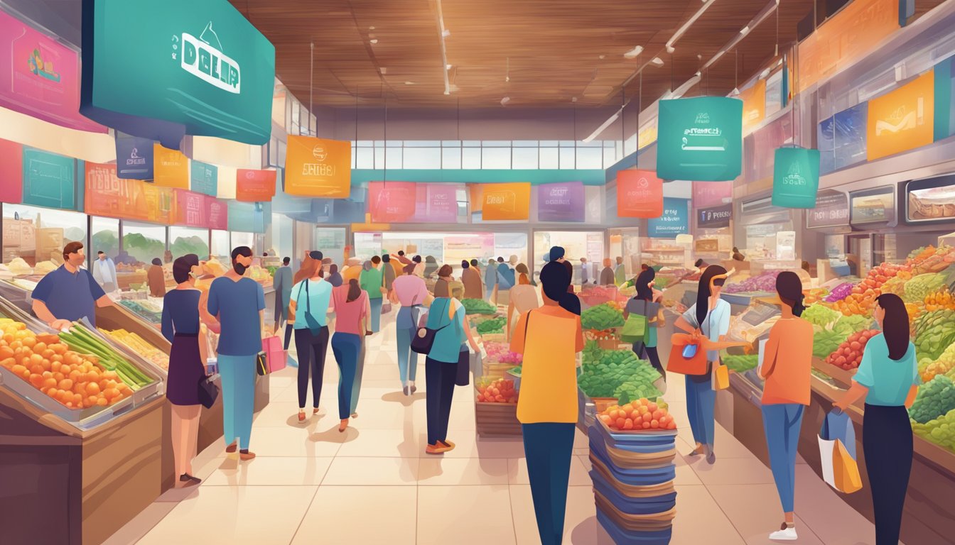 A bustling marketplace with vibrant signage and enthusiastic customers interacting with the brand's products