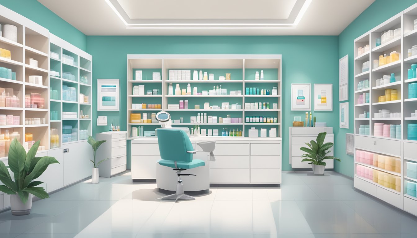 A dermatologist's office with clean, white walls, modern furniture, and shelves stocked with various skincare products from the Derma brand