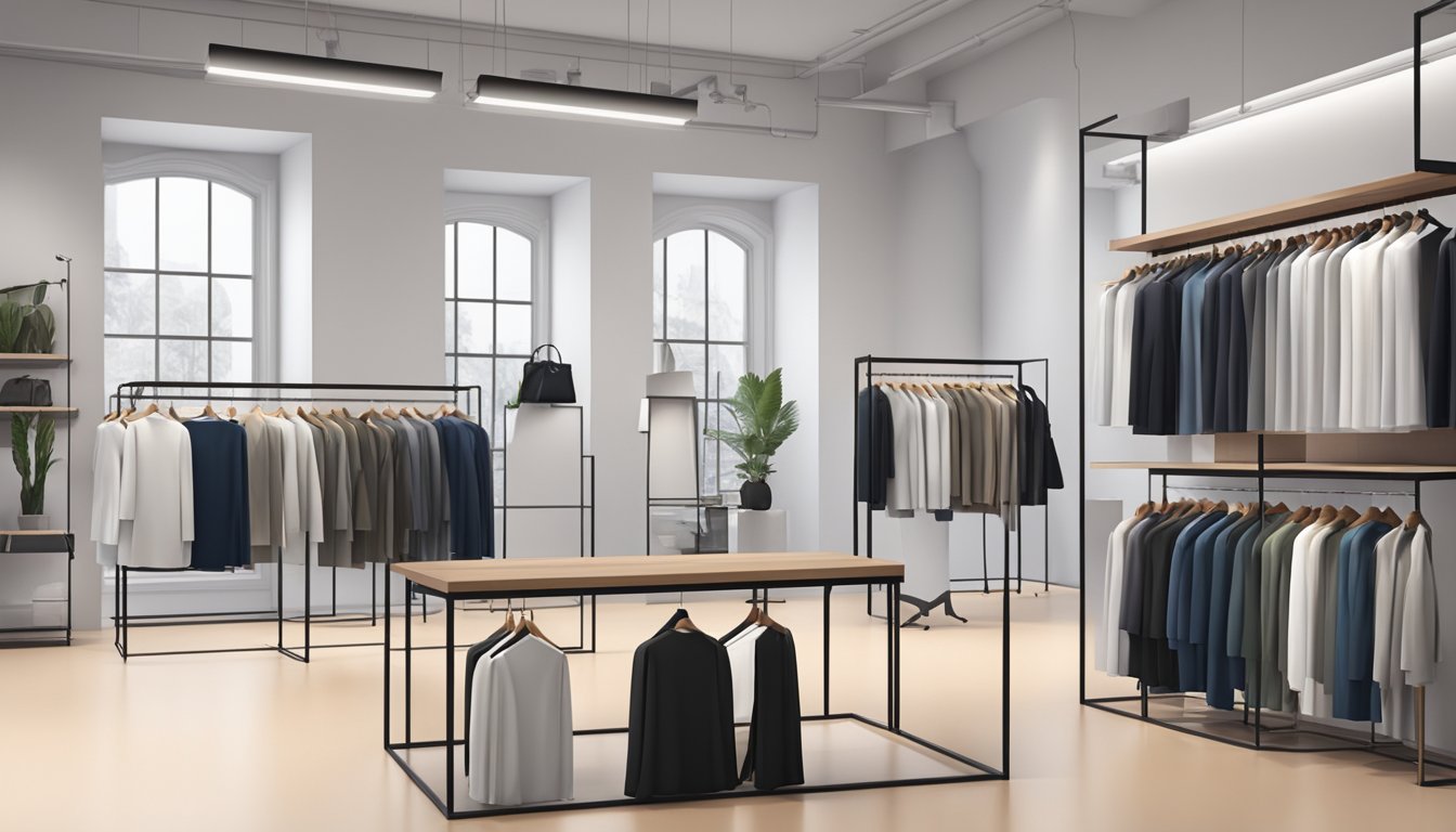 A sleek, modern fashion studio with minimalist decor and racks of stylish clothing. Mannequins display the latest David Beckham fashion brand designs