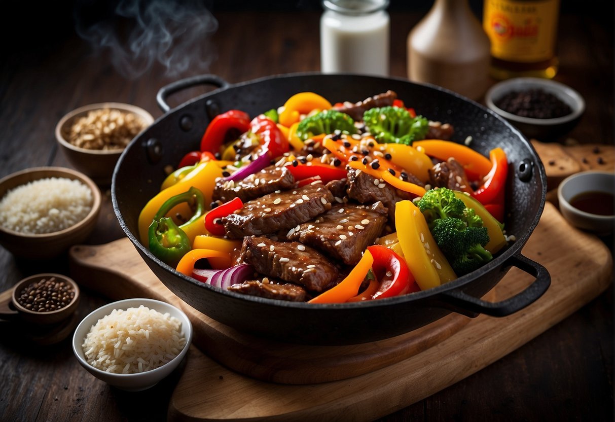 A sizzling wok filled with marinated beef, colorful bell peppers, and onions, surrounded by bottles of soy sauce, rice vinegar, and sesame oil