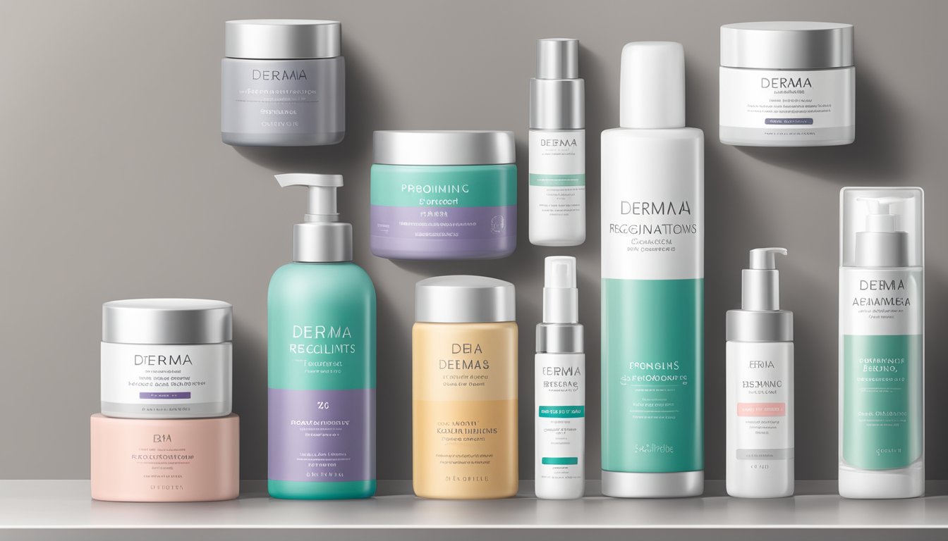 A shelf lined with sleek, modern skincare products. Labels prominently display "Product Highlights and Regimens" by derma brand